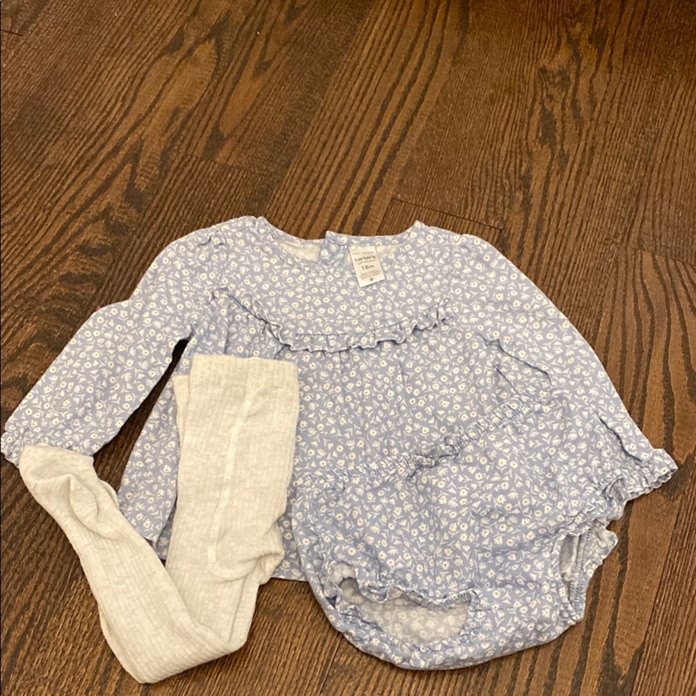 Blue Floral Baby Outfit with Tights